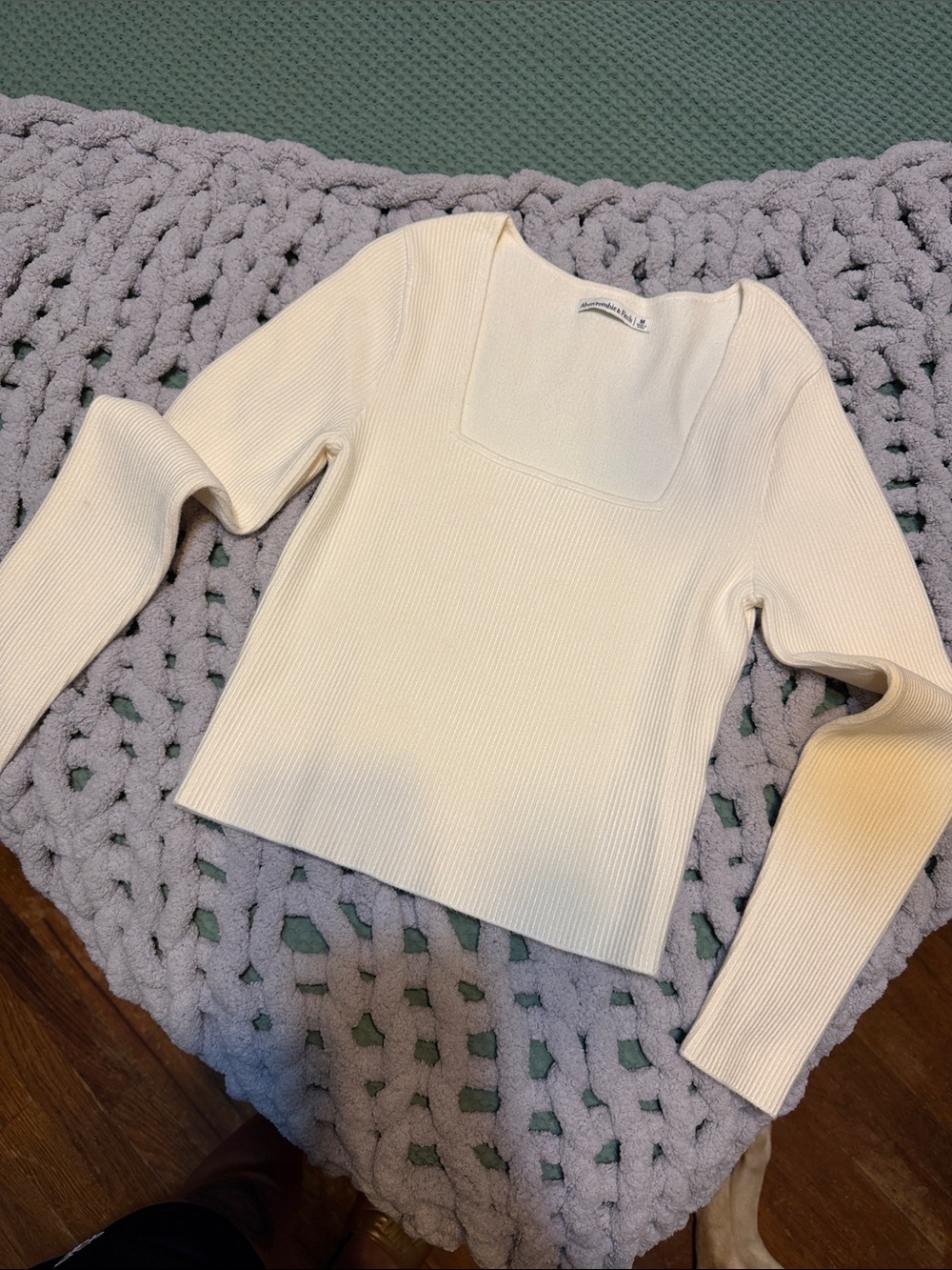 Cream Ribbed Square Neck Long Sleeve Top